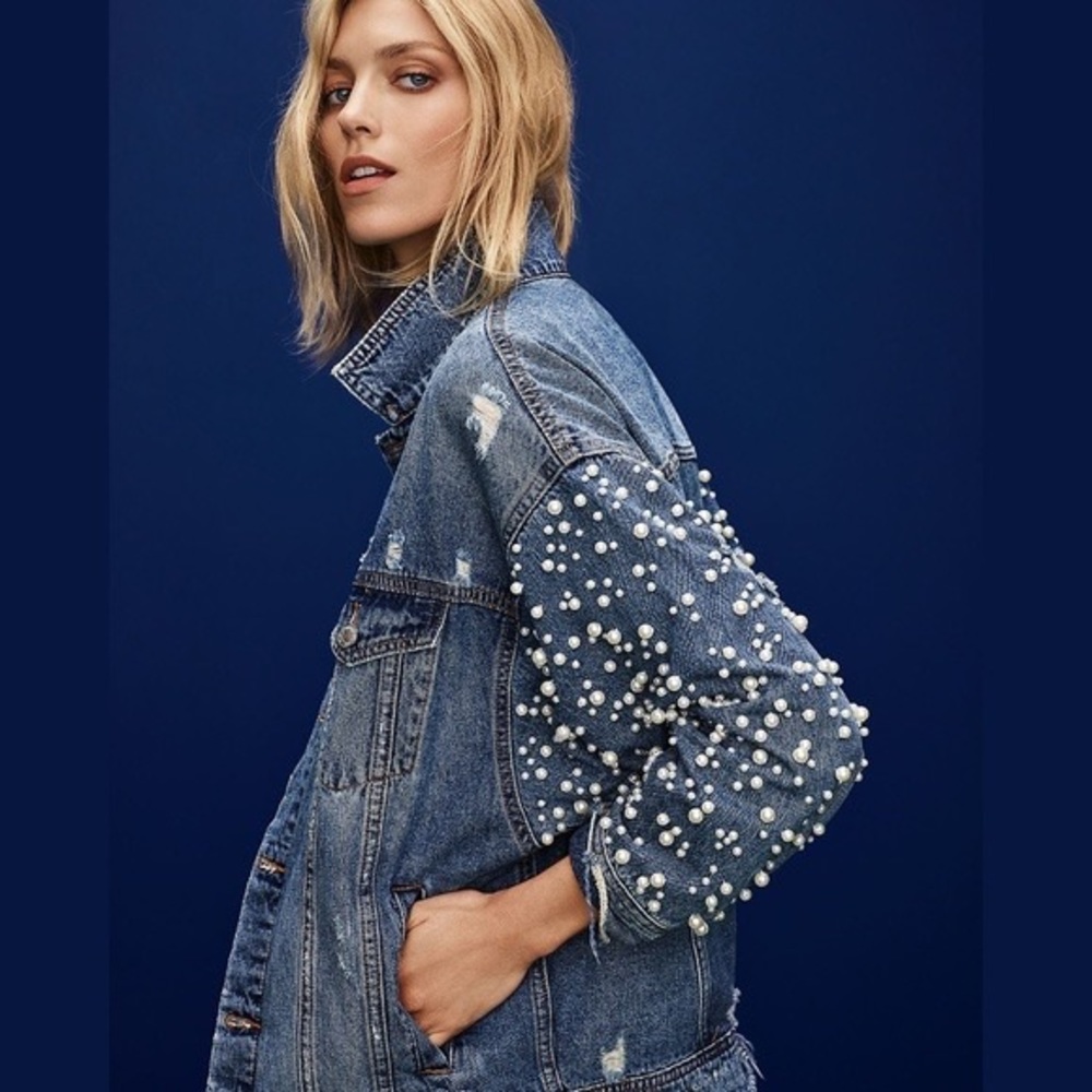 Pearl-Embellished Blue Denim Jacket - Women's Jean Jacket